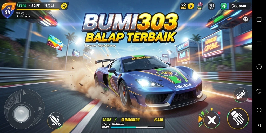 Gameplay mendebarkan BUMI303 dengan mobil balap di trek yang menantang.