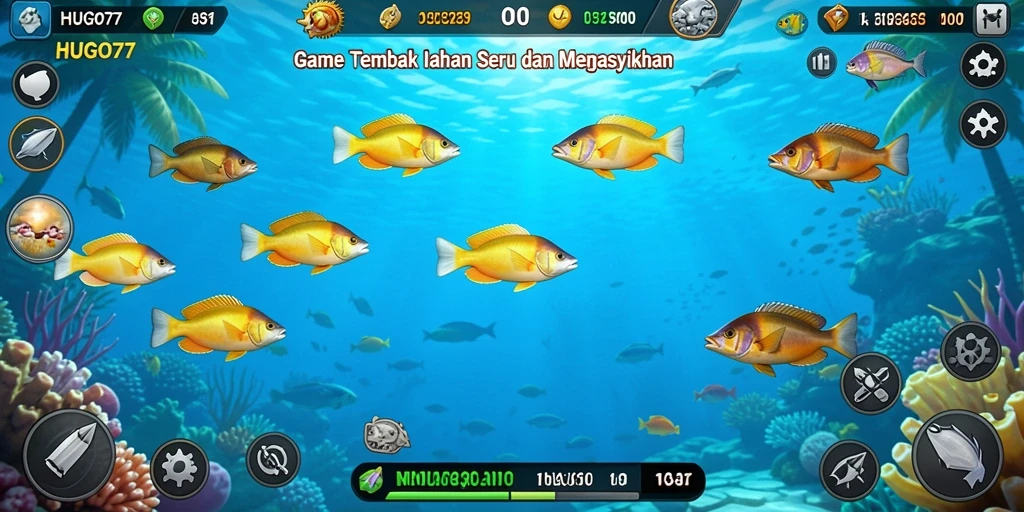 Screenshot gameplay HUGO77 menampilkan aksi menembak ikan yang mendebarkan.
