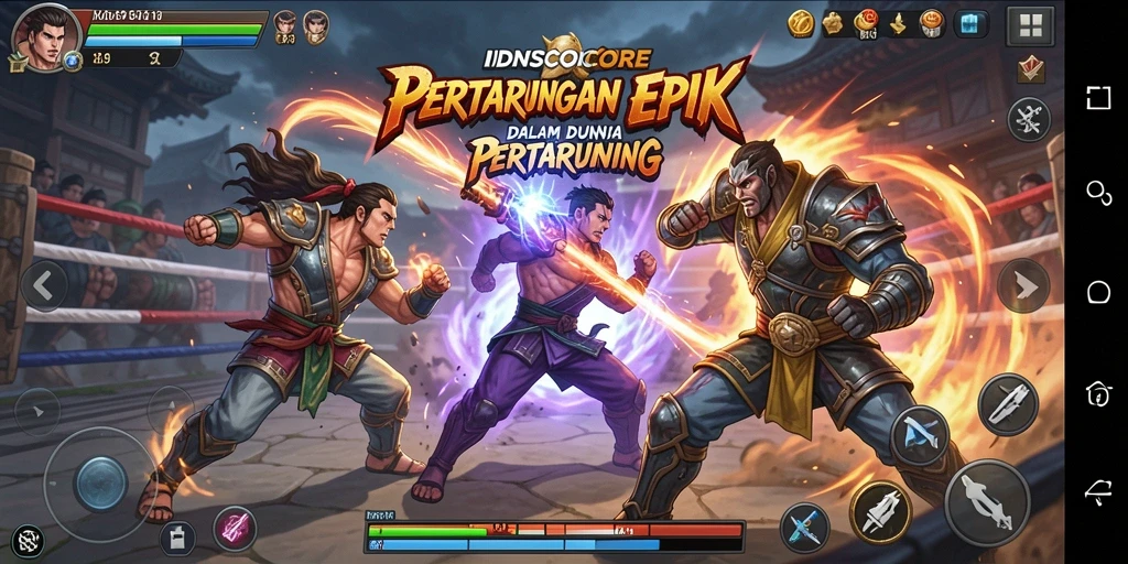 Screenshot utama <strong>IDNSCORE</strong> menampilkan pertarungan seru dan karakter dinamis.