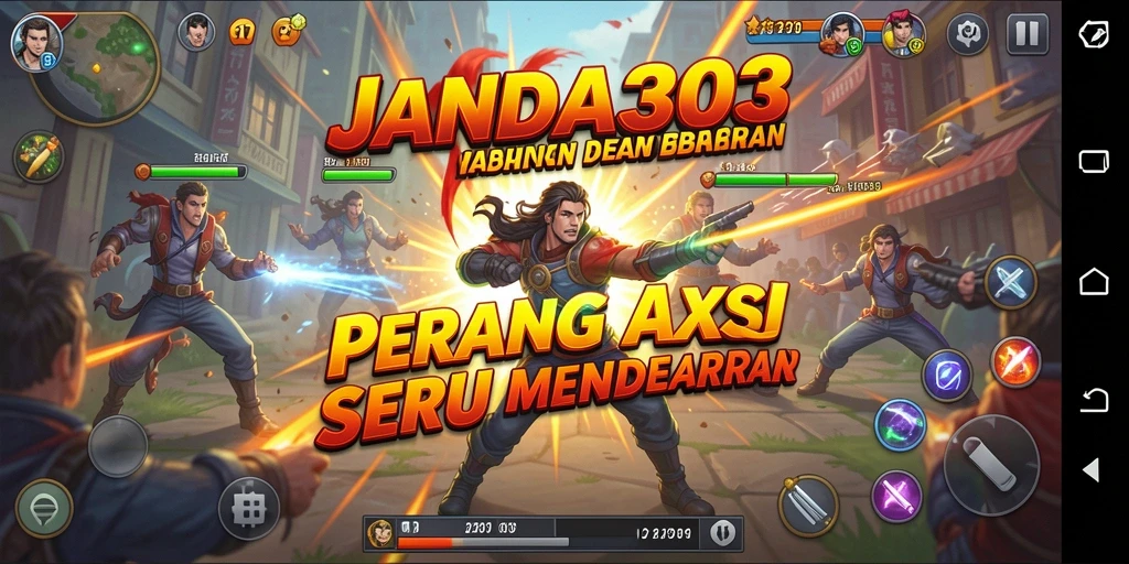 Tangkapan layar utama JANDA303 menampilkan aksi pertempuran yang intens.