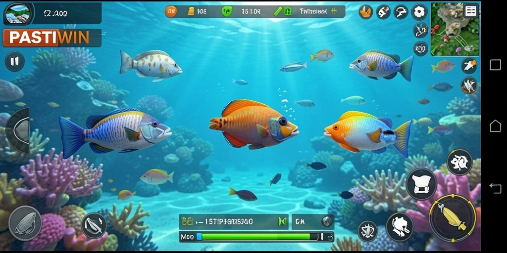 Tampilan gameplay PASTIWIN yang menarik dengan banyak ikan untuk ditangkap.
