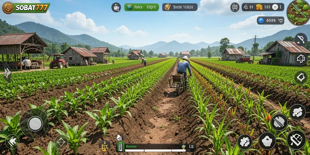 Gameplay seru SOBAT777 dengan berbagai aktivitas pertanian.