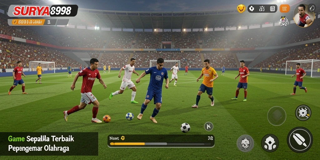 Tampilan gameplay SURYA898 dengan suasana pertandingan sepak bola yang seru.